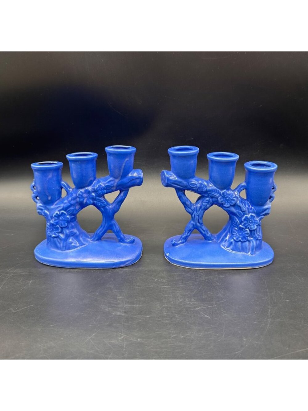 Vintage Candle Holders Blue Floral Tree Branch Retro Home Decor Japan 1930s